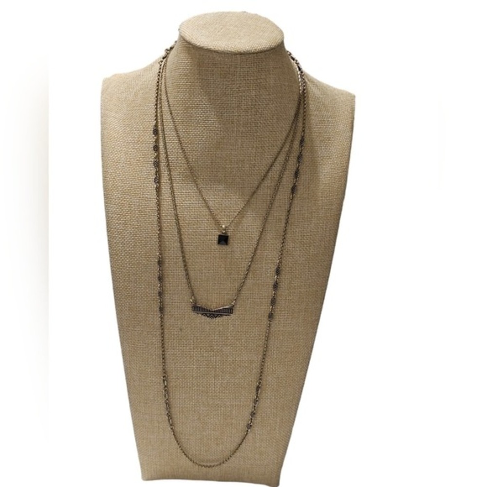 Lucky Brand Layered Necklace Antique Silver Black Stone Chevron Tribal Boho